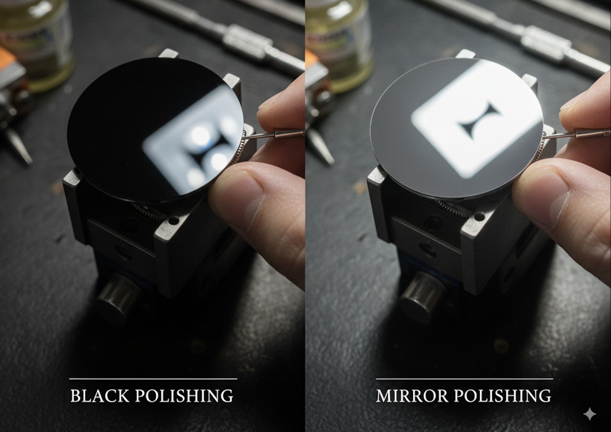 Saat parçasına uygulanan black polishing tekniğinin yakın çekim görünümü