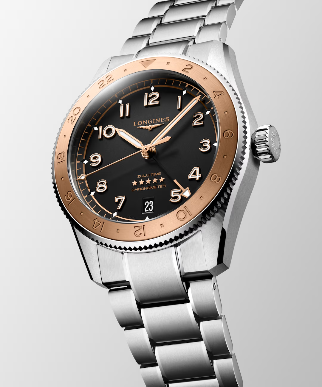 Longines Spirit Zulu Time 1925 çelik bilezikli GMT saat detayı