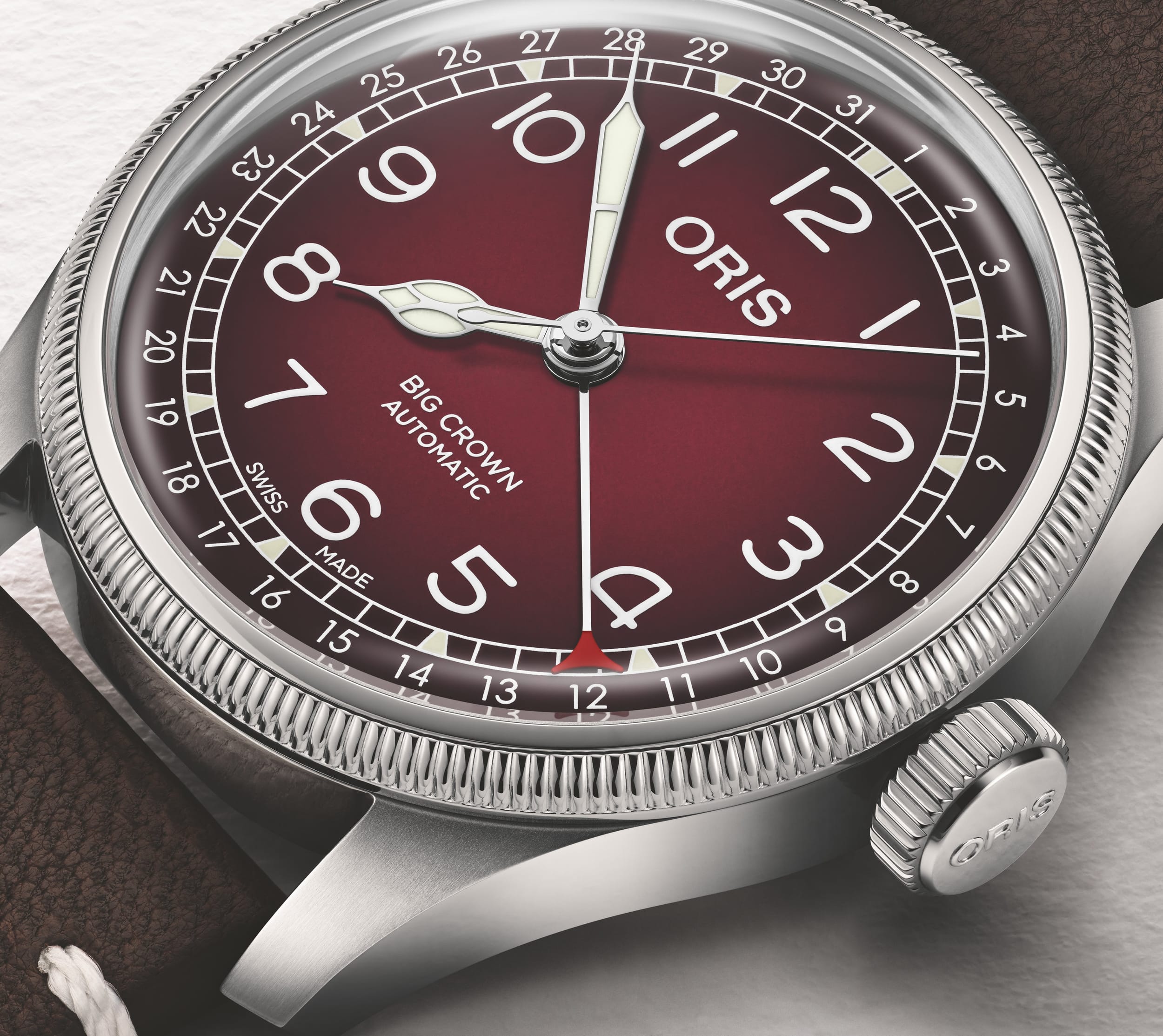 Oris Big Crown x Cervo Volante bordo kadran ve pointer date göstergesi detayı