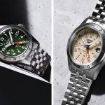 Modelos Seiko 5 Sports Field GMT HDB001 con esfera verde y modelos HDB002 con esfera beige.