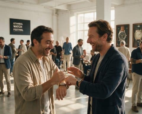 Istanbul Watch Festival resmi tanıtım görselinde saatlerini karşılaştıran ziyaretçiler