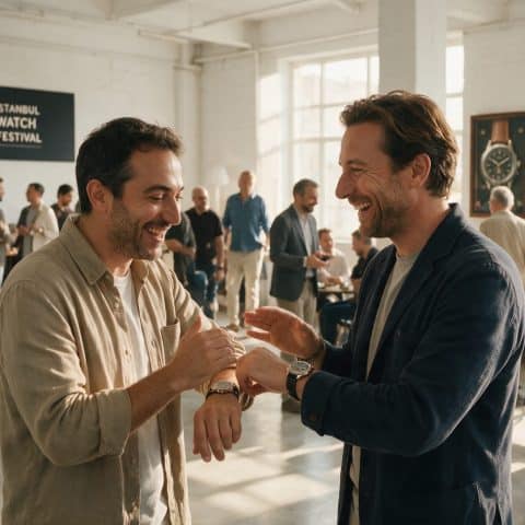 Istanbul Watch Festival resmi tanıtım görselinde saatlerini karşılaştıran ziyaretçiler