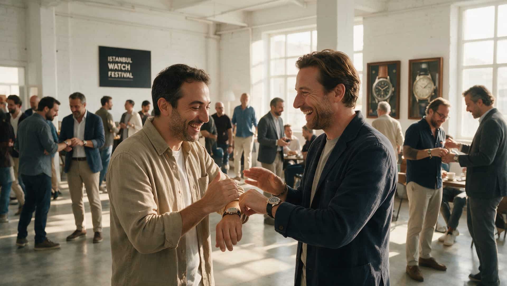 Istanbul Watch Festival resmi tanıtım görselinde saatlerini karşılaştıran ziyaretçiler
