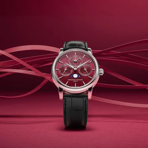 Frederique Constant Classic Perpetual Calendar Manufacture FC-776BRG3H6, güneş ışını fırçalı bordo kadran ve siyah timsah derisi kayış