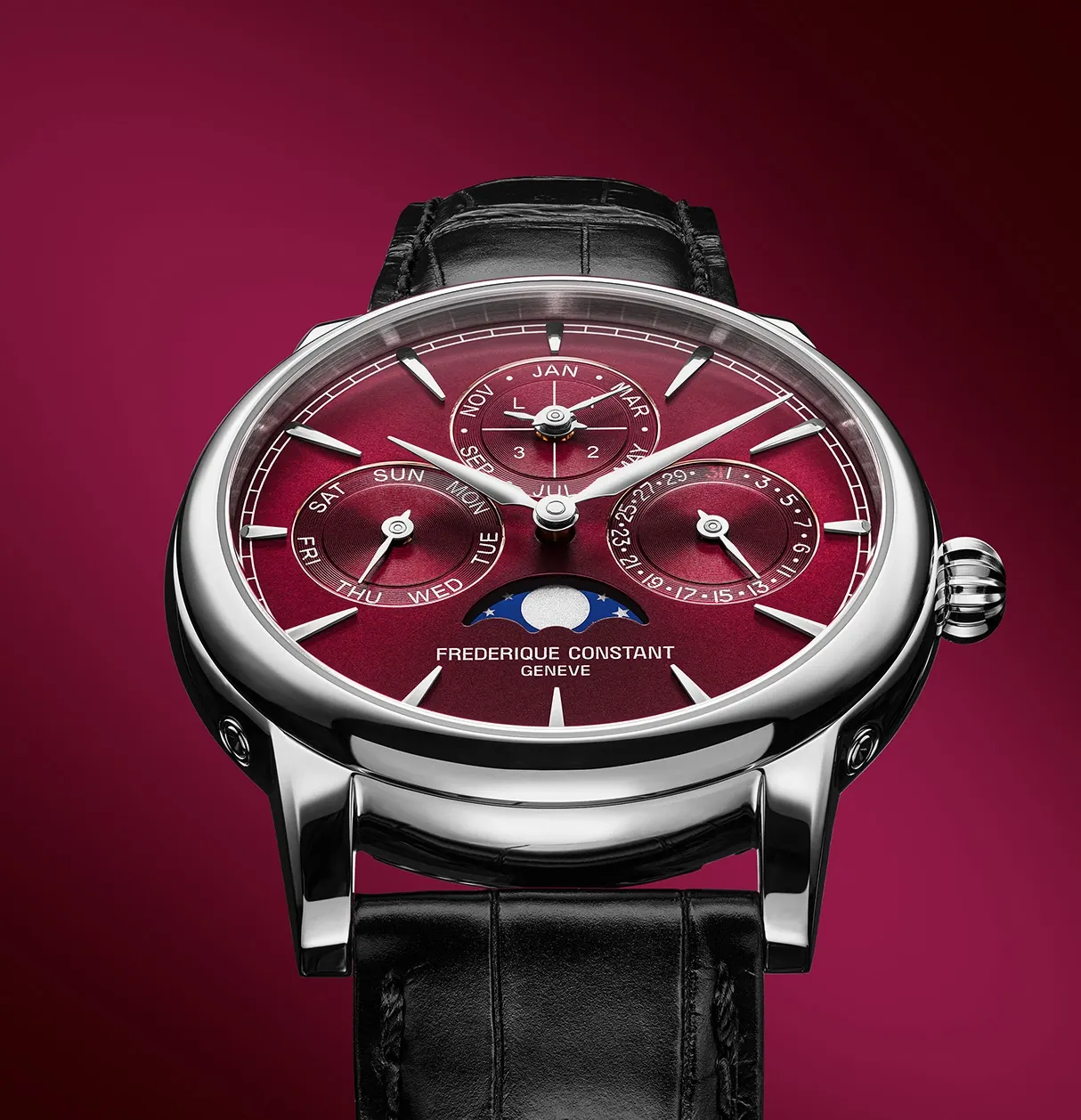 Frederique Constant FC-776BRG3H6 kadran detayı Frederique Constant Classic Perpetual Calendar Manufacture bordo kadranında güneş ışını fırçası ve dairesel desenli alt kadranlar