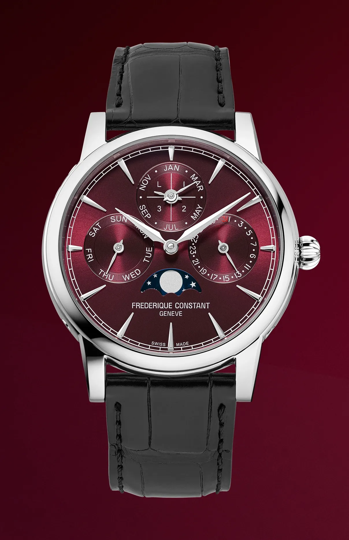 Frederique Constant FC-776BRG3H6 önden görünüm Frederique Constant Classic Perpetual Calendar Manufacture FC-776BRG3H6 önden, saat 9'da gün, 12'de ay ve artık yıl, 3'te tarih, 6'da ay evresi