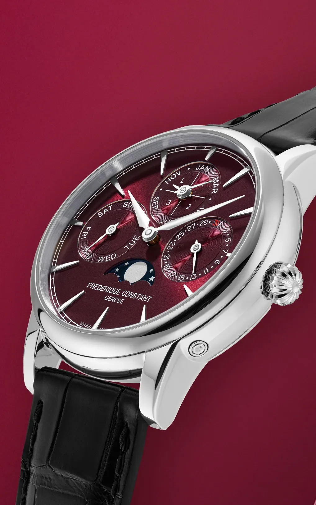 Frederique Constant FC-776BRG3H6 yandan görünüm Frederique Constant Classic Perpetual Calendar Manufacture 40 mm cilalı çelik kasa ve 1920'lerin cep saatlerinden ilham alan kurma kolu