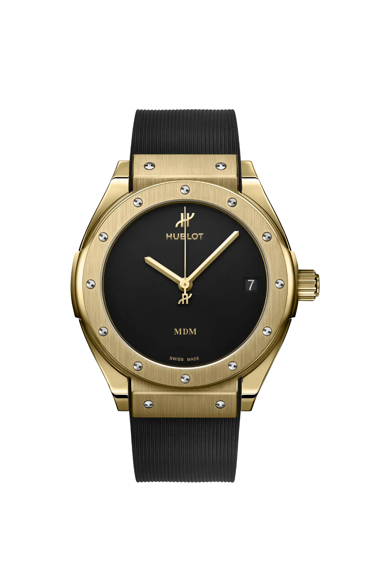 Hublot Classic Fusion Tributo Yellow Gold 38 mm Hublot Classic Fusion Tributo Yellow Gold 38 mm önden, siyah kadran, on iki vidalı bezel ve siyah kauçuk kayış