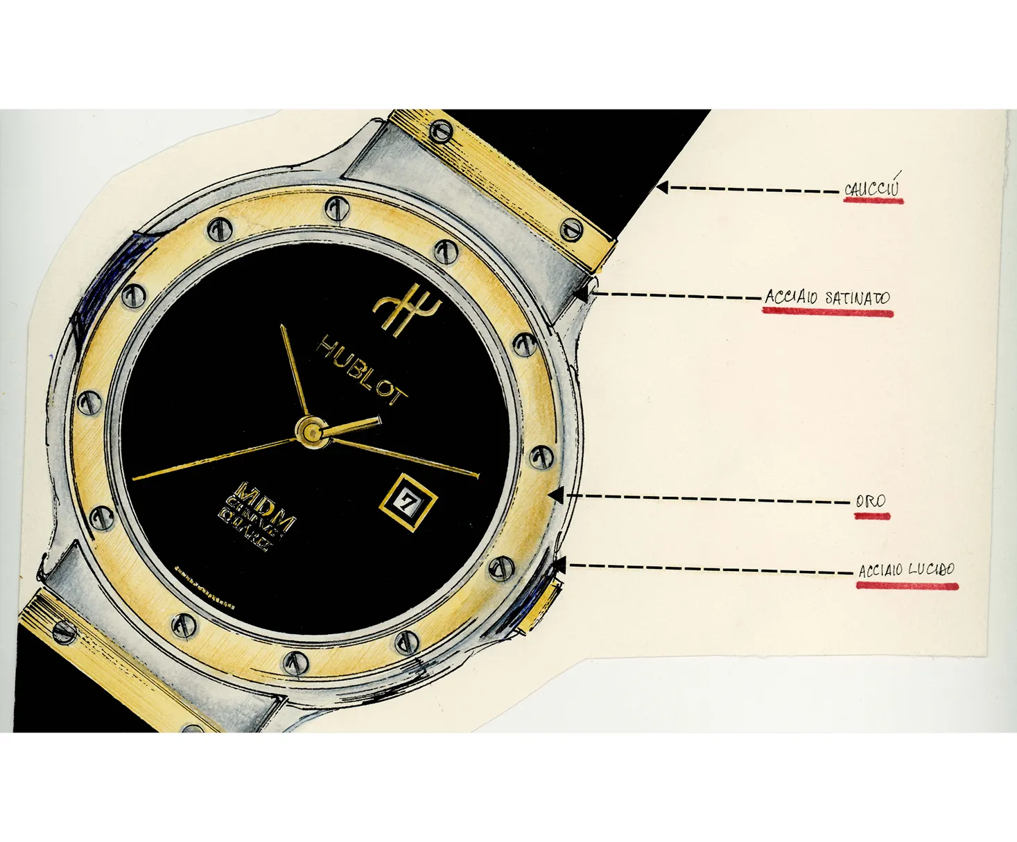 1980 tarihli ilk Hublot tasarım çizimi 1980'de MDM Genève adıyla tanıtılan ilk Hublot saatinin altın kasa ve kauçuk kayışlı tasarım çizimi