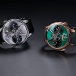 MB&F LM1 EVO titanyum ve yeşil kadranlı pembe altın sürümleri yan yana