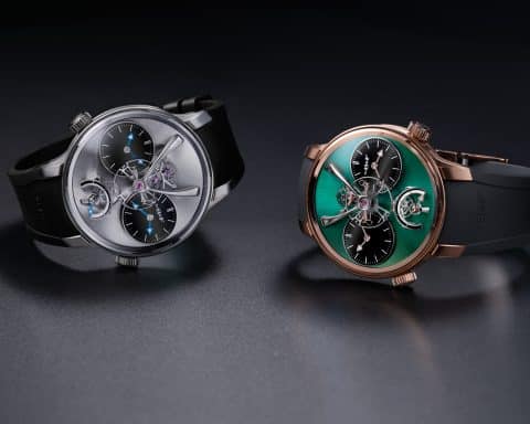 MB&F LM1 EVO titanyum ve yeşil kadranlı pembe altın sürümleri yan yana