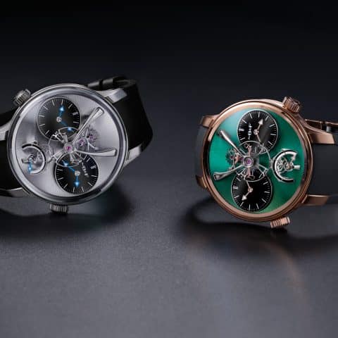 MB&F LM1 EVO titanyum ve yeşil kadranlı pembe altın sürümleri yan yana