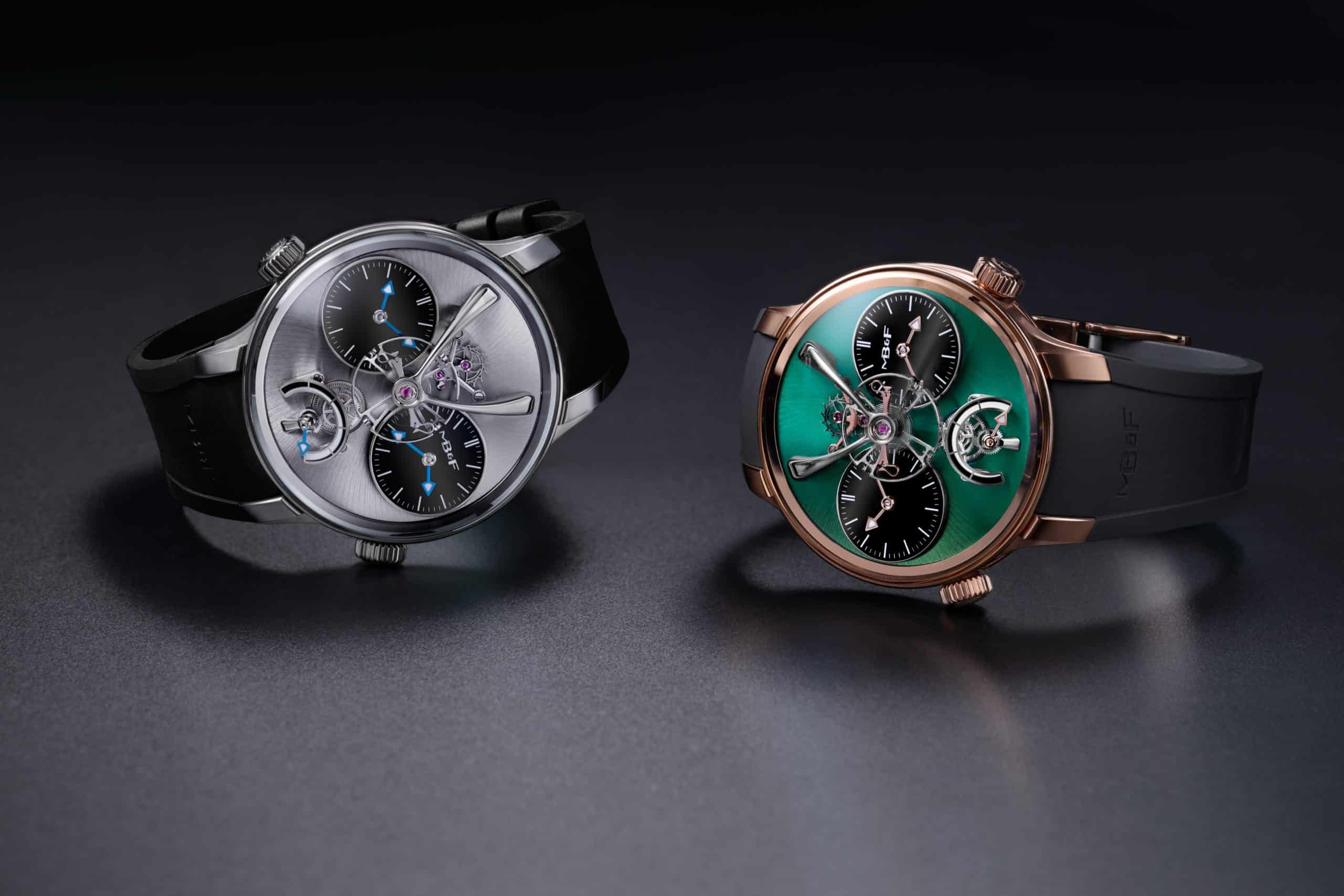 MB&F LM1 EVO titanyum ve yeşil kadranlı pembe altın sürümleri yan yana