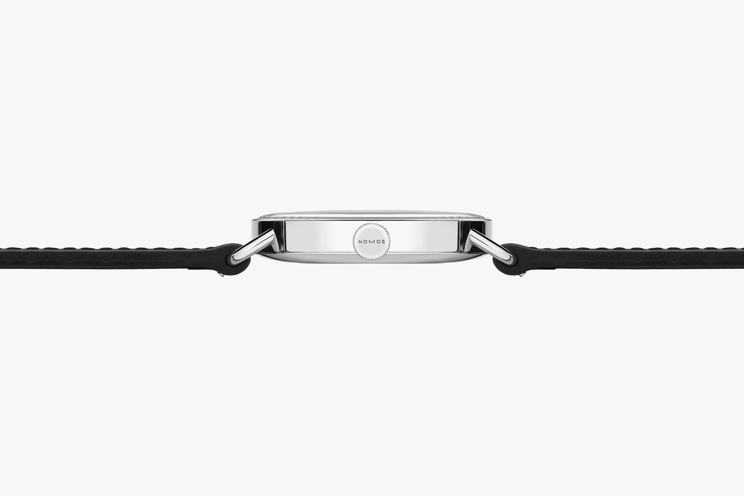 NOMOS Metro Date Power Reserve Ice Blue 8 mm kalınlığındaki çelik kasanın yandan görünümü