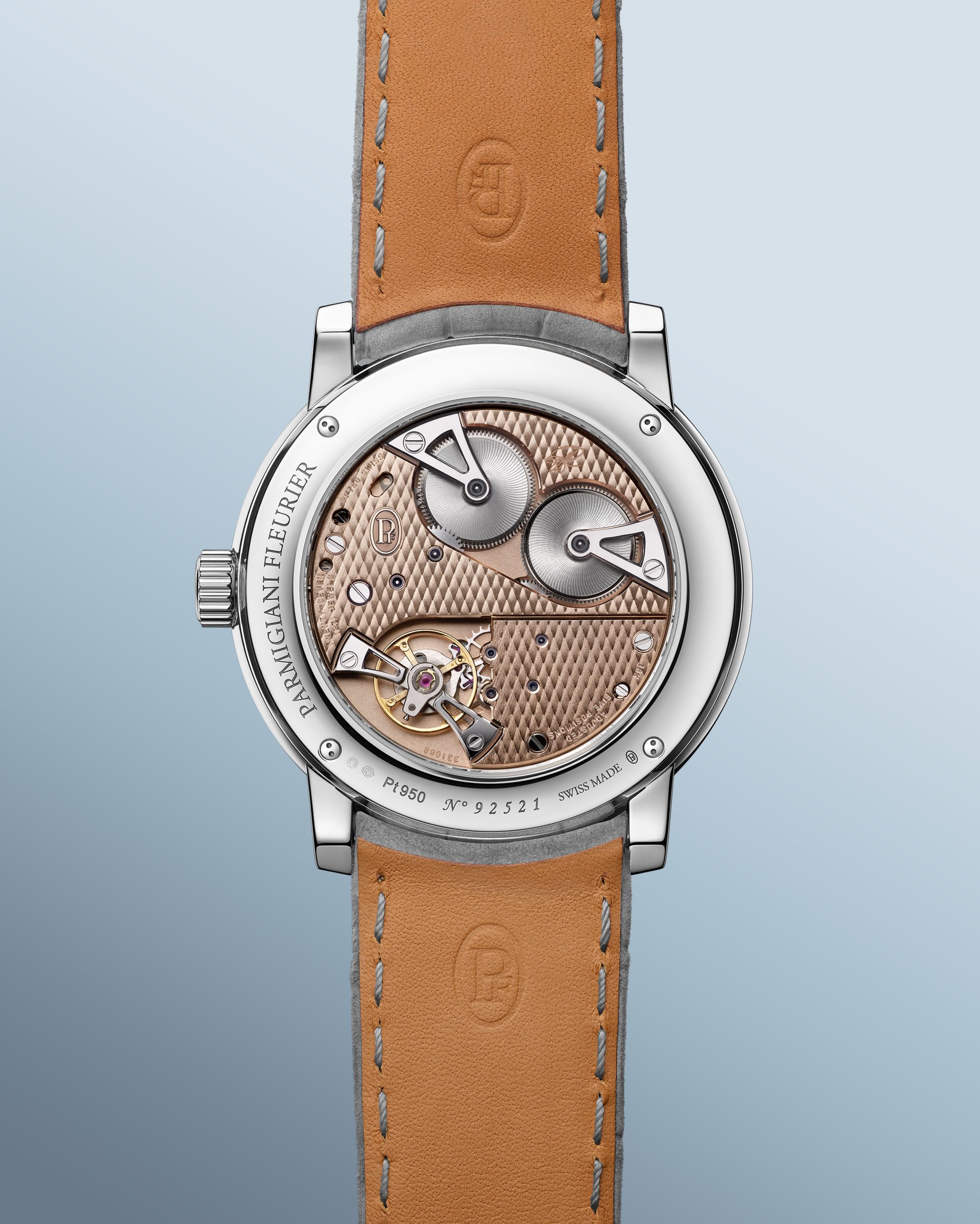 Parmigiani Fleurier PF780 pembe altın köprüler ve çift tulumba