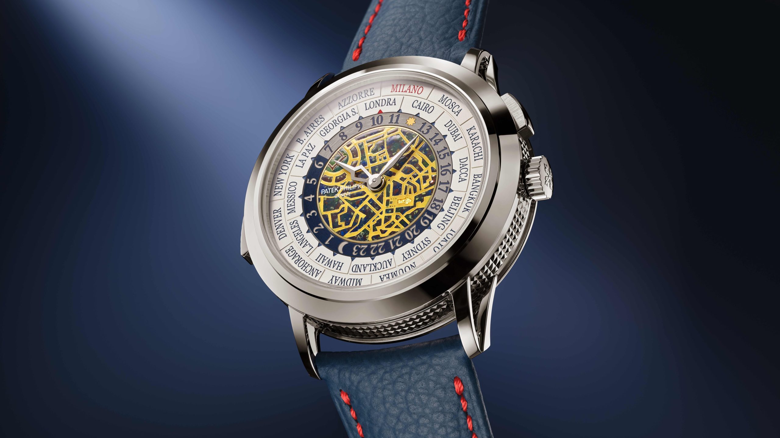 Patek Philippe 5531G-013 Milano gece kadranı ve lacivert kayışı