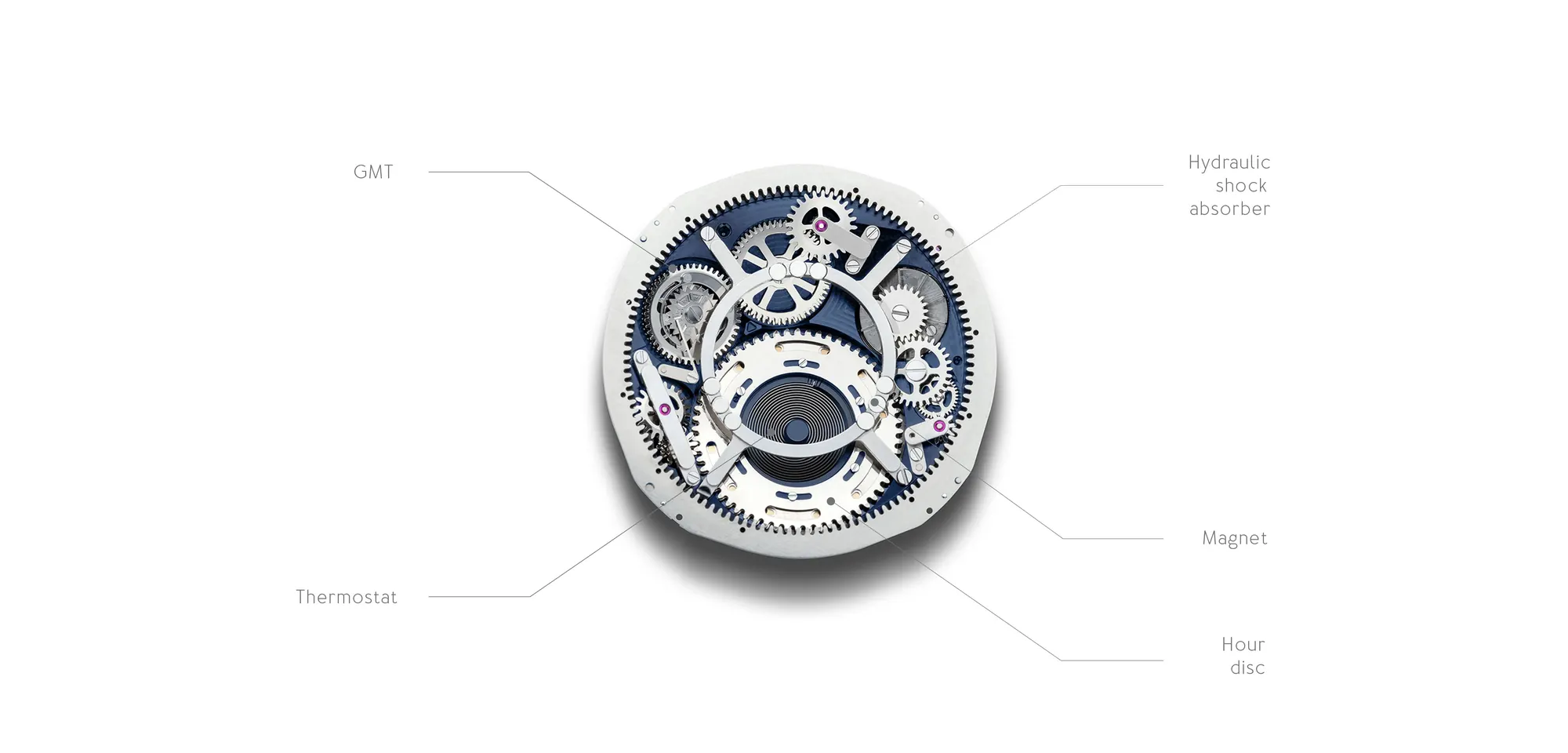 Ressence ROCS 10 modülü Ressence ROCS 10 modülünün yağ içinde çalışan dişli sistemi, manyetik aktarma ve genleşme körüğü