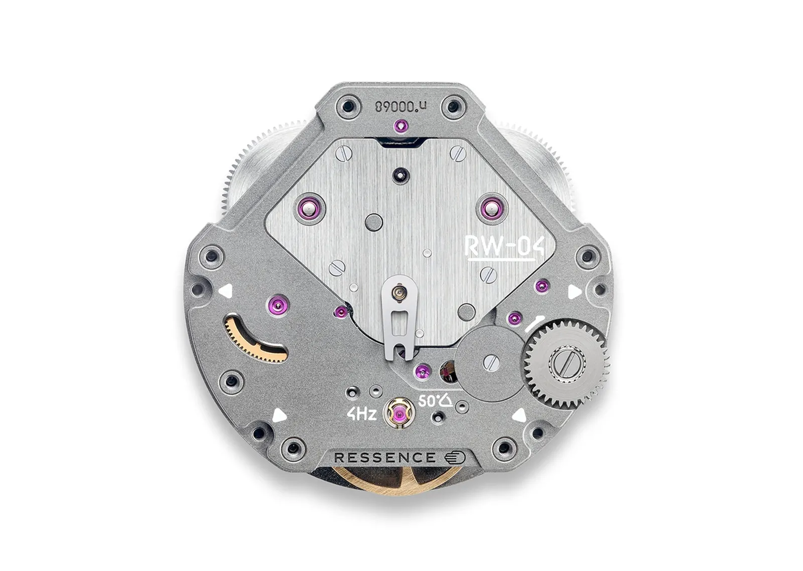 Ressence RW-04 kalibresi Ressence'in kendi tasarımı RW-04 otomatik kalibresi, iki zemberek kutusu ve rotor