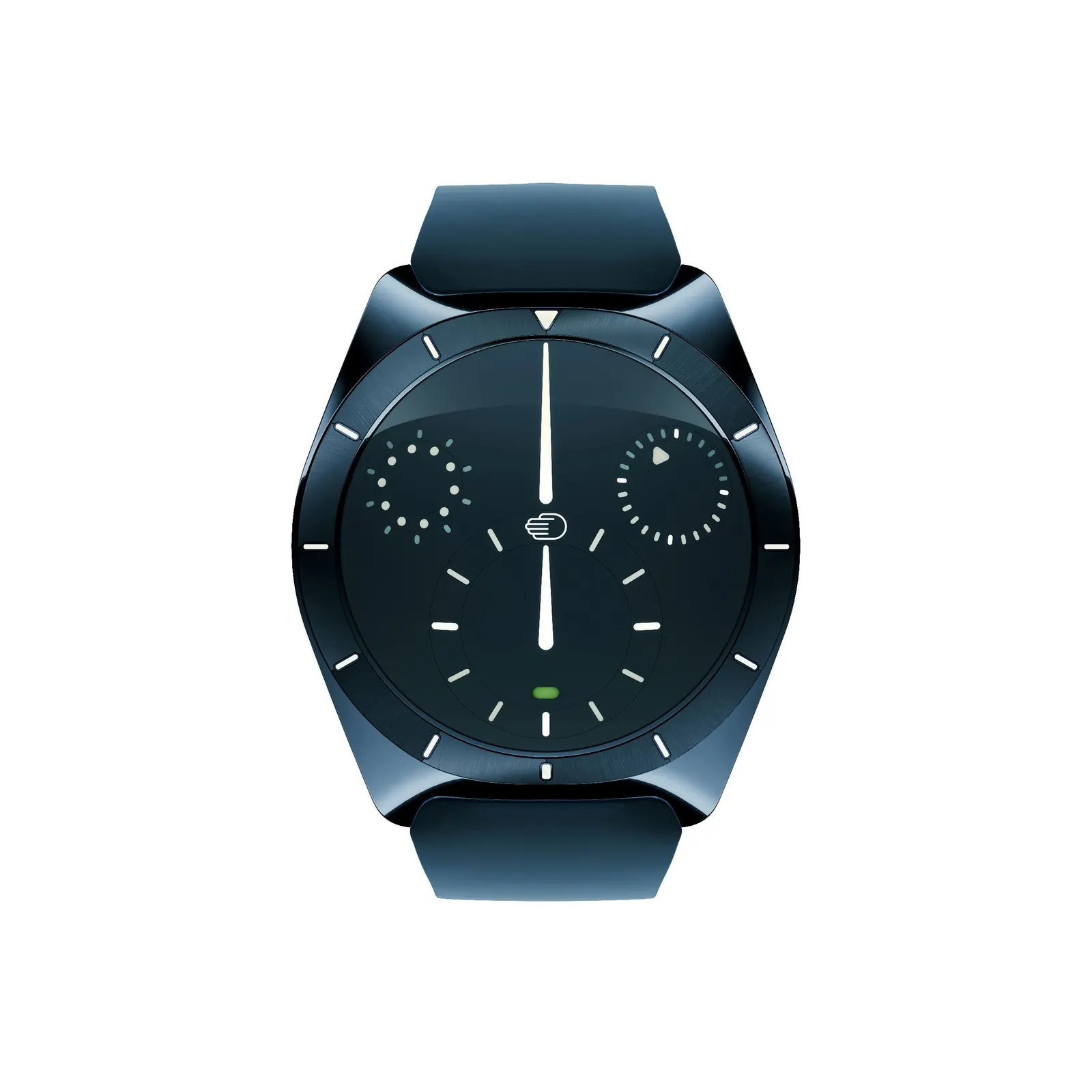 Ressence TYPE 10 DN önden görünüm Ressence TYPE 10 DN önden, yağ içinde dönen dakika diski ve ikinci zaman dilimi, 120 saniyelik koşucu ile saat uyduları